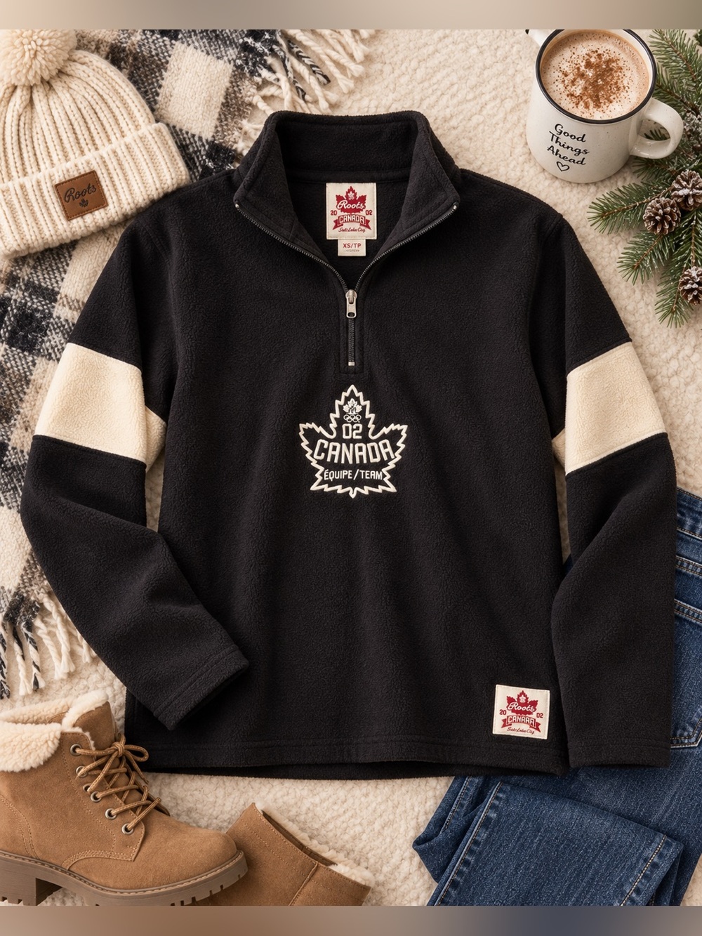 Roots Canada 2002 Team Canada Olympic Fleece Pullover Women’s XS Black Cream Qua